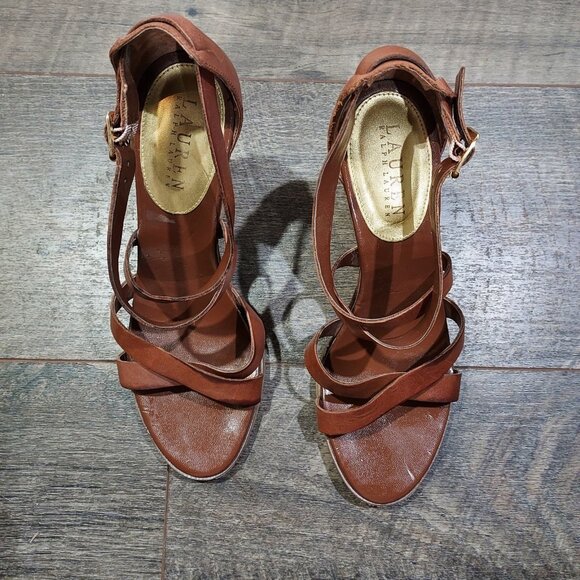 Lauren Ralph Lauren Leather Strappy Sandles Cloth Heel - Picture 2 of 12